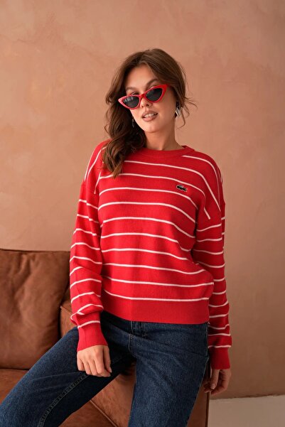 Park Karon Women's Crew Neck Striped Premium Yarn Knitwear Sweater 10268.Crs
