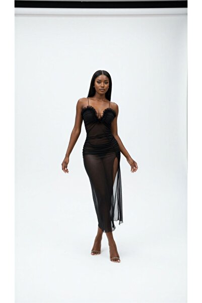 İZOSCA Siyah Transparan Askılı Uzun Özel Gecelik Takımı