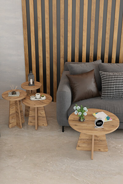 alpaevmobilya 3'lü Mantar Yuvarlak Zigon Sehpa ve Orta Sehpa Takımı - Salon, ...