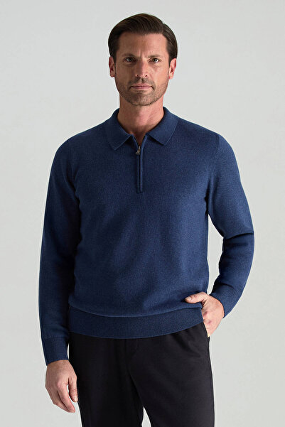 Hemington Lambswool Yünü Polo Yaka Yarım Fermuarlı Mavi Triko Kazak