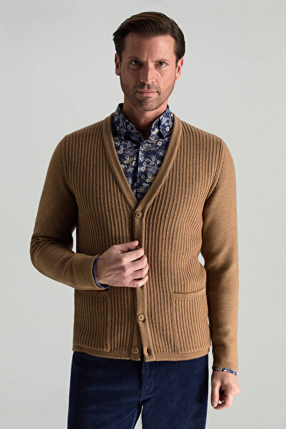 Hemington Merino Yünü Şerit Desenli Camel Triko Hırka