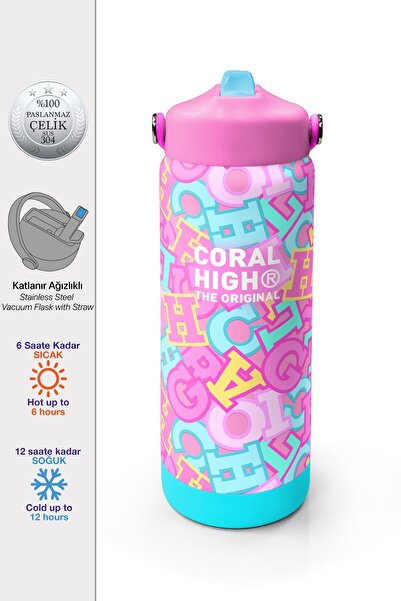Coral High Pembe Su Yeşili Harf Desenli Katlanır Ağızlıklı Çelik Termos 650 m...