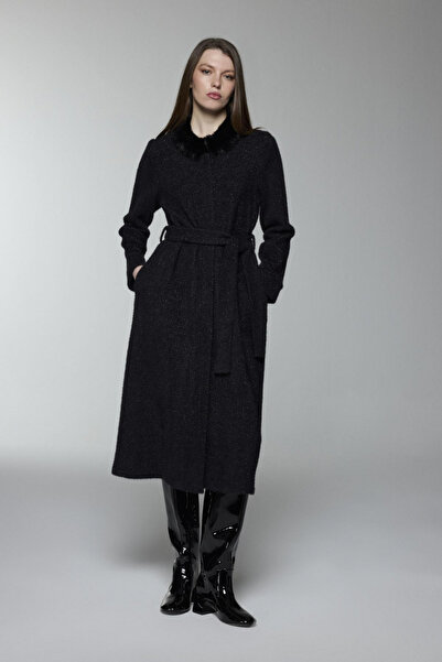 Zühre Fur Detailed Belted Black/Silver Cardigan 0033