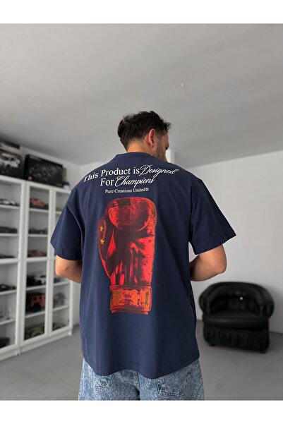 BYBASICMAN تي شيرت كبير الحجم مطبوع باللون الأزرق الداكن C-009