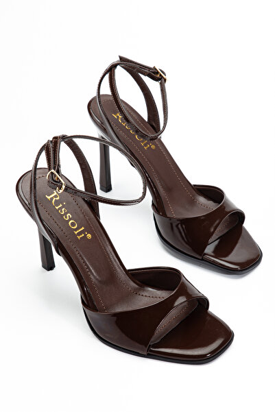 RİSSOLİ Brown Patent Leather Ankle Strap Single Strap Heeled Women's Sandals