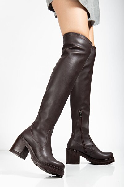 Zerenyus Exi̇n-767-3010 Premium Brown Stretch Daily Thick Heeled Women's Boots