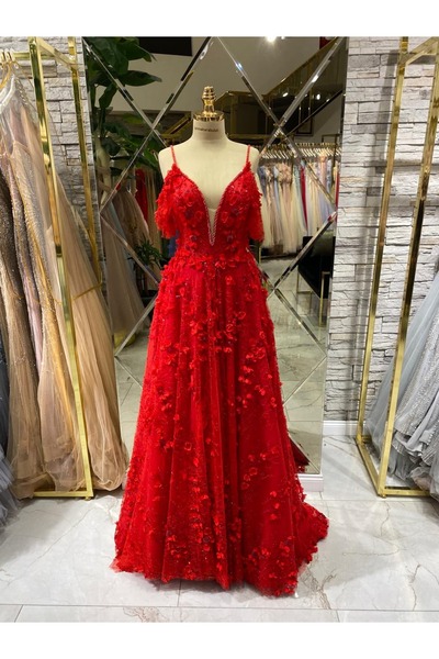 Hanımefendi Giyim Khaki Sequined and Floral Appliqued Chiffon Evening Dress