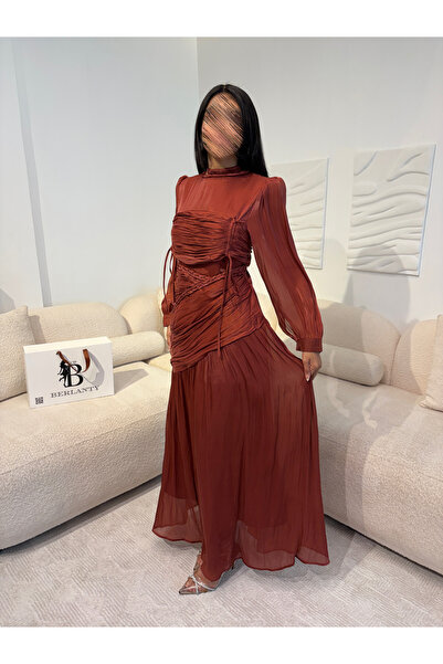 TOP BERLANTY Trust pleated chiffon dress in burnt brown