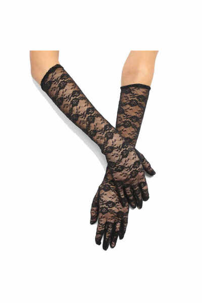 Go İthalat Black Color Medium Size Lace Gloves Long Model (5343)