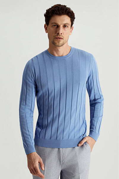 Hemington Extrafine Merino Yün-Pamuk Karışım Desenli Mavi Triko