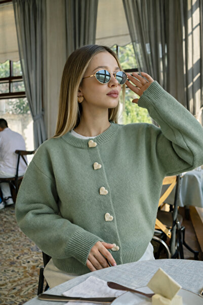 FİFTY ONE Heart Button Detailed Green Knitwear Cardigan