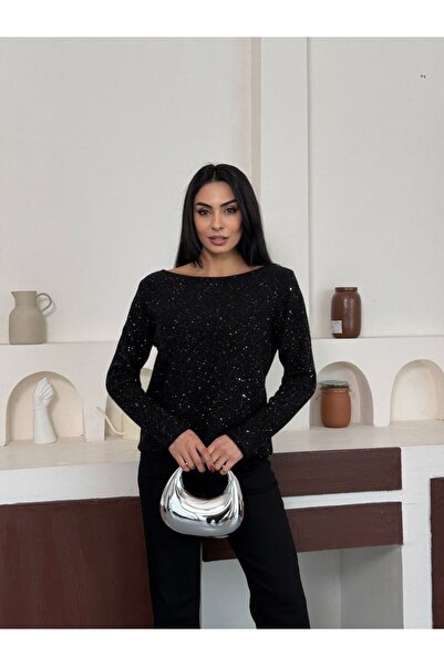 fuşyha butik Kayık Yaka Simli Uzun Kollu Kazak