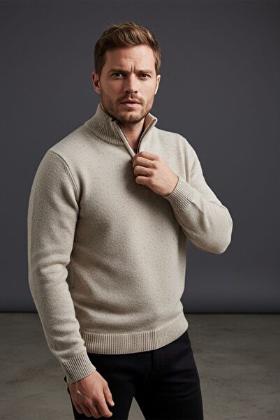 Sarar İnterview 0 Collared Woolen Gray Camel Knit Sweater