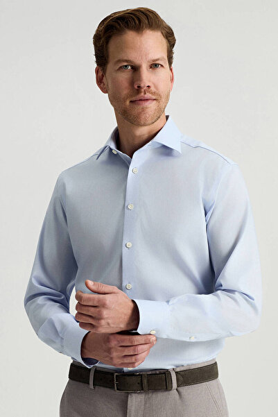 Hemington Saf Pamuk Kuş Gözü Dokulu Non-Iron Gizli Düğme Açık Mavi Gömlek