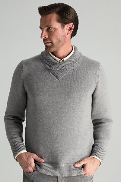 Hemington Merino Yünü Şal Yaka Açık Gri Triko Kazak