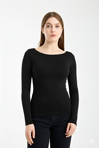 MERİCEY Women's Boat Neck Long Sleeve Slim Fit Basic Blouse