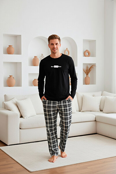 MİSSLALE Σετ ανδρικών πιτζάμες με μακρυμάνικο βαμβακερό καρό σχέδιο