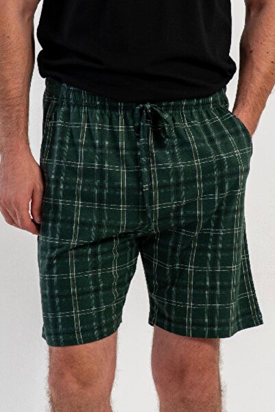 VİENETTA Men's Khaki Plaid Shorts 100% Cotton Comfortable Home Shorts C1T0N0705