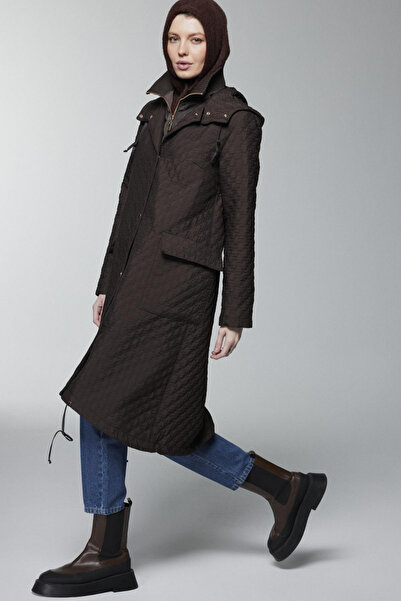 Zühre Kapüşonlu Desenli Kahve Mont 13856