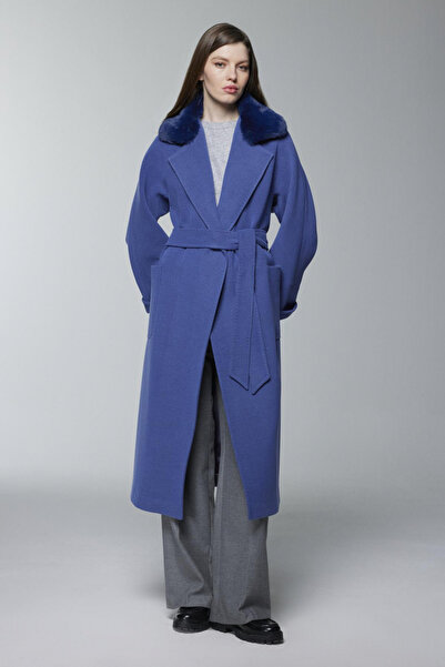 Zühre Fur Collar Detailed Belted Dark Blue Coat 14086