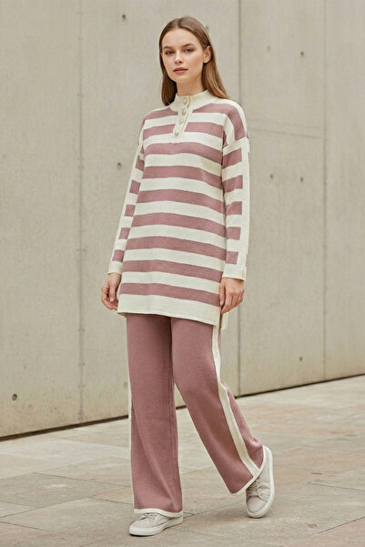 Kirazgym Women's Half Fisherman Striped Knitwear Set - Dusty Rose