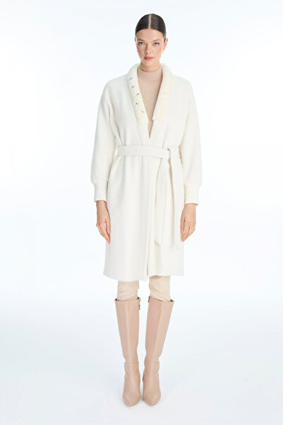 Zühre Shawl Collar Stone Detailed Ecru/Gold Cardigan 0029