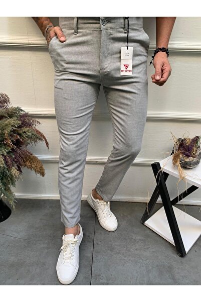 Ser Joven Men's Light Gray Slim Fit Lycra Plain Fabric Trousers