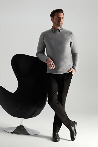 Hemington Merino Yünü Şerit Detaylı Bisiklet Yaka Açık Gri Triko Kazak