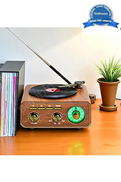 Vothoon Nostaljik Tasarım Plak Çalar Görünümlü Radyolu Bluetooth Hoparlör Ret...