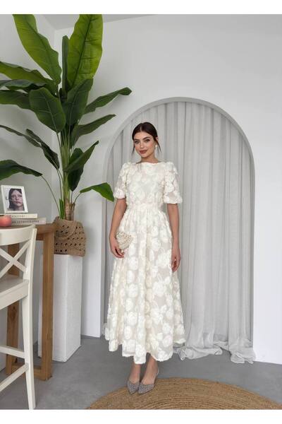EtikaOnline Tasarım Gül Dokuma Astarlı Uzun Elbise