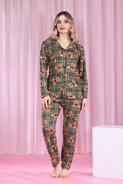 BARAY TEKSTİL Milan Kumaş Ekose Ayıcık Desenli Düğmeli Kadın Pijama Takımı