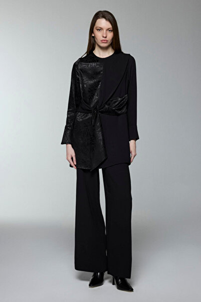 Zühre Asymmetrical Patterned Transitional Belted Double Black Suit 1687