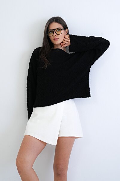 Trend Alaçatı Stili Women's Black Boat Neck Embossed Textured Knitwear Blouse...