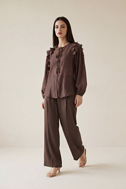 Setre Bitter Brown Tie-Detail Blouse with Shoulder Ruffles and Satin Texture