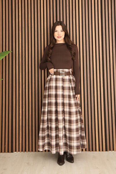 İgnites Brown Plaid Skirt with Side Slits and Belt