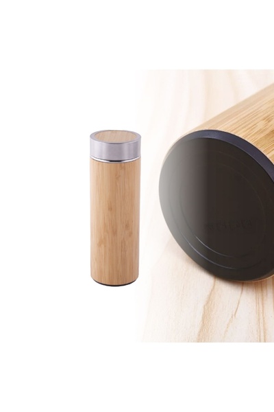 mercanpromosyon Real Bamboo Finish Stainless Steel Thermos - Natural Wood Loo...
