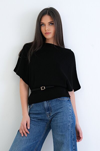 Trend Alaçatı Stili Women's Black Wool Blend Belted Boat Neck Sweater Alc-X15283