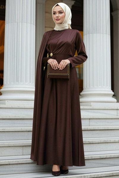 N.S NEVA STYLE Cape Detailed Dark Brown Hijab Satin Evening Dress 4884Kkh