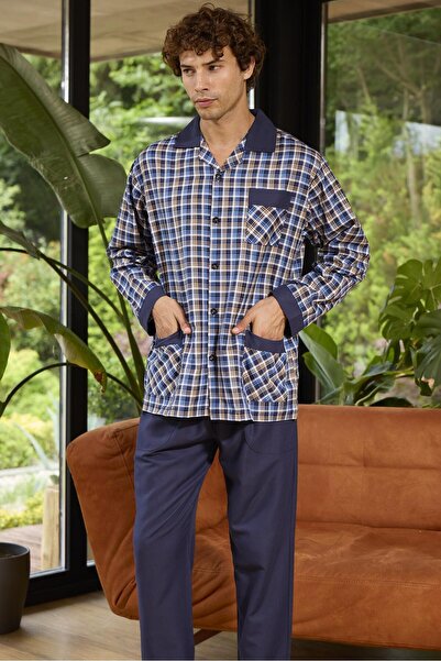 KLY 4037 Чоловічий піжамний комплект з коміром-стійкою, застібкою спереду та ...