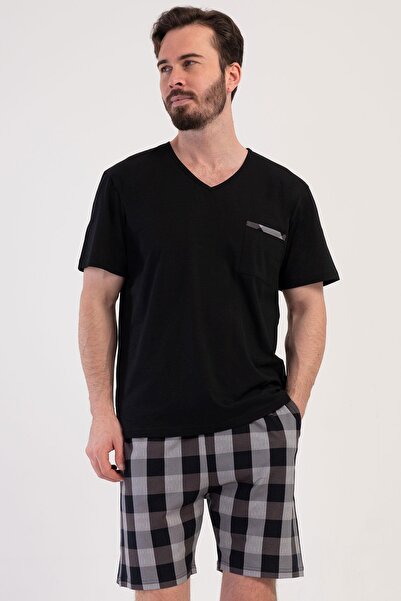 VİENETTA Men's V-Neck Short Sleeve Shorts Black 100% Cotton Pajama Set C5T8N1904