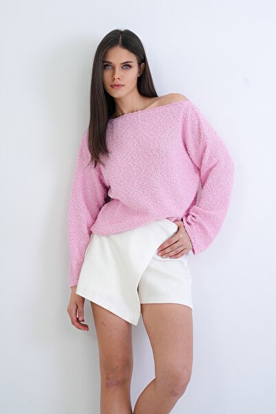 Trend Alaçatı Stili Women's Pink Boat Neck Embossed Textured Knitwear Blouse ...