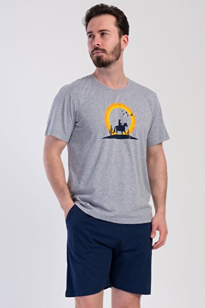 VİENETTA Men's Short Sleeve Shorts Gray Melange Printed 100% Cotton Pajama Se...