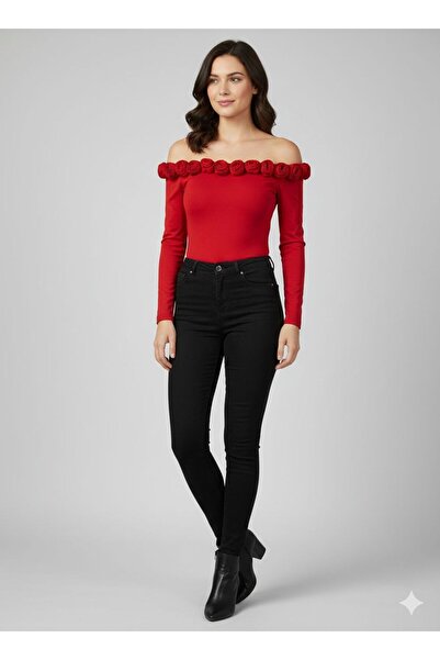 marvion Kadın Gül Detaylı Uzun Kollu Kırmızı Bodysuit Bluz