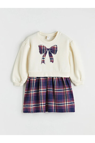 LC Waikiki Lcw Kids Ecru Crew Neck Plaid Pleated Girls' Thick Dress