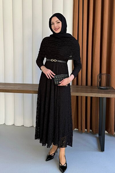 Molly Nelly Kadın Omzu Şal Detaylı Tül Astarlı Elbise