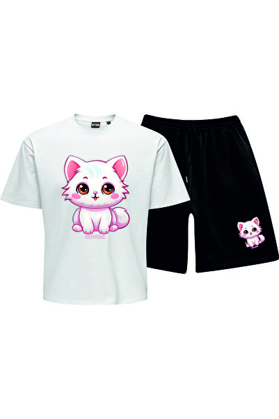 HOFFNUNG Unisex Casual Short Sleeve Set with Pink Kitten Print Outdoor Spring...