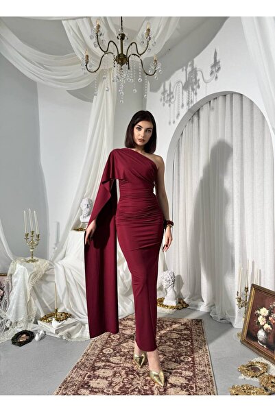 YURELİ Tek Omuz Şal Detaylı Drapeli Yırtmaçlı Uzun Abiye Elbise