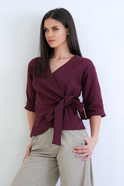 Trend Alaçatı Stili Kadın Bordo Kruvaze Bağlamalı Truvakar Manşet Kollu Ottob...