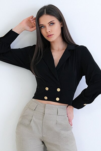 Trend Alaçatı Stili Women's Black Shirt Collar Double Breasted Cut Gold Butto...