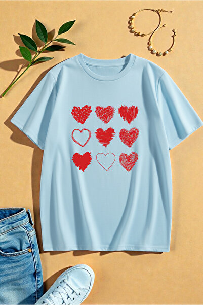 uyguntarz Unisex Red Hearts Printed Design Tshirt